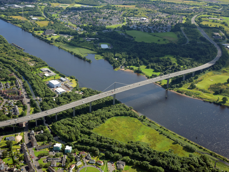 ariel view of bridge over water.