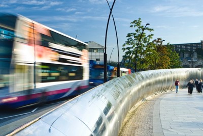 Blurred images of buses in the city