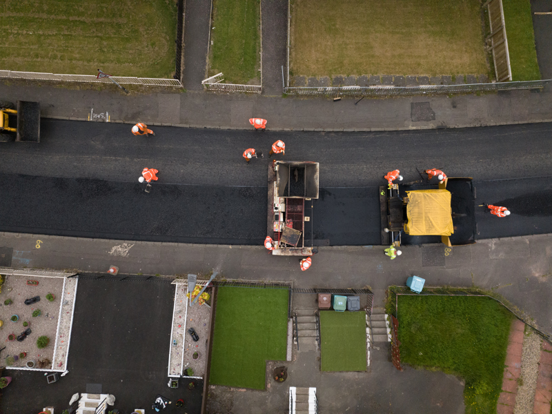 Ariel view of construction workers on site