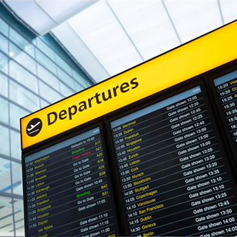 An airport departures board