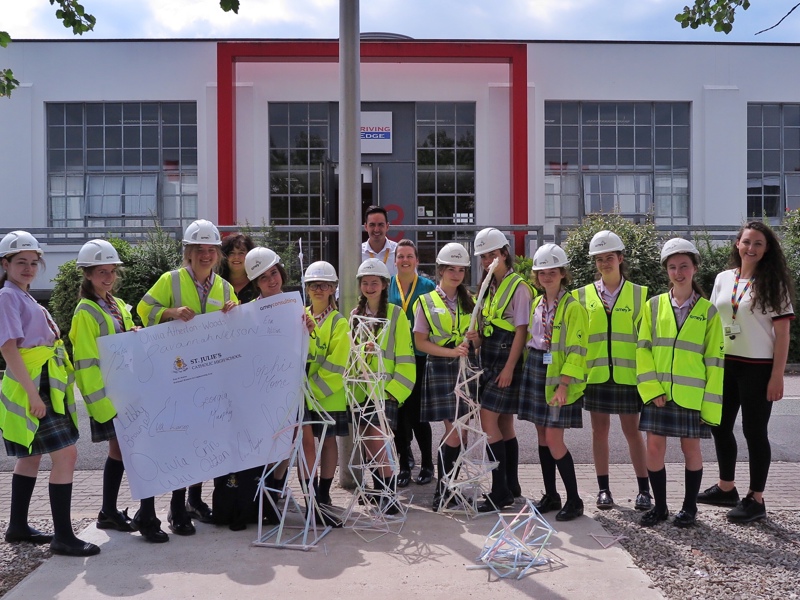 Image of school girls in PPE holding a poster.