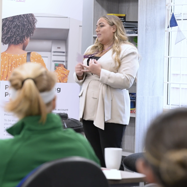 Samantha Heron, Resource and Operations Manager at Amey, speaks to participants at a Journey to Work employability session in HMP New Hall.