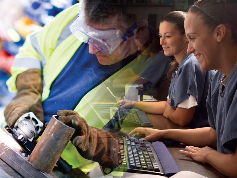 Image of a construction worker and medical worker.