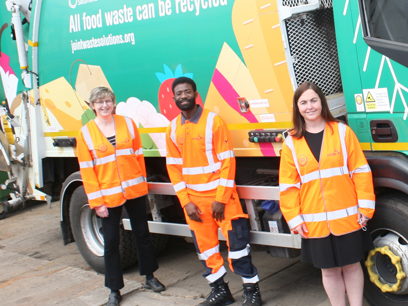 Ezzedin Salim (centre) is joined by Nicola Blake (right) and Constance Chanteux (left) at Amey's Dorking depot